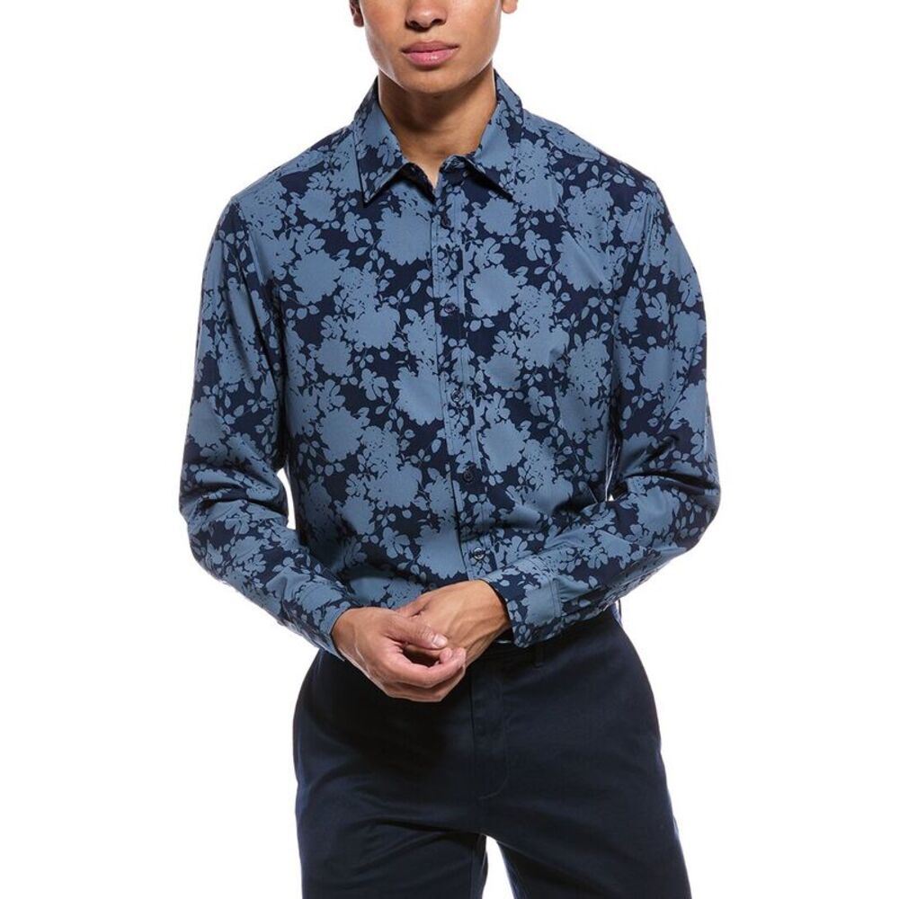Report Collection Mens 4-Way Printed Woven Sport Shirt, Navy